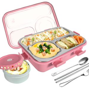 Lunch Box 3 Compartment Leak-Proof BPA Free Stainless Steel, Lunch Box for Kids, Lunch Box for School & Office with a Fork, a Spoon and a Pair of Chopsticks (Pink), 750 ml