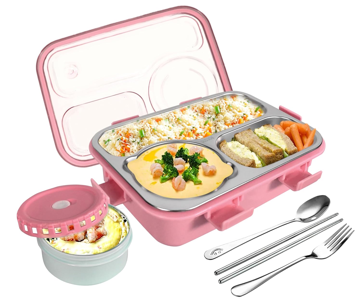 Lunch Box 3 Compartment Leak-Proof BPA Free Stainless Steel, Lunch Box for Kids, Lunch Box for School & Office with a Fork, a Spoon and a Pair of Chopsticks (Pink), 750 ml