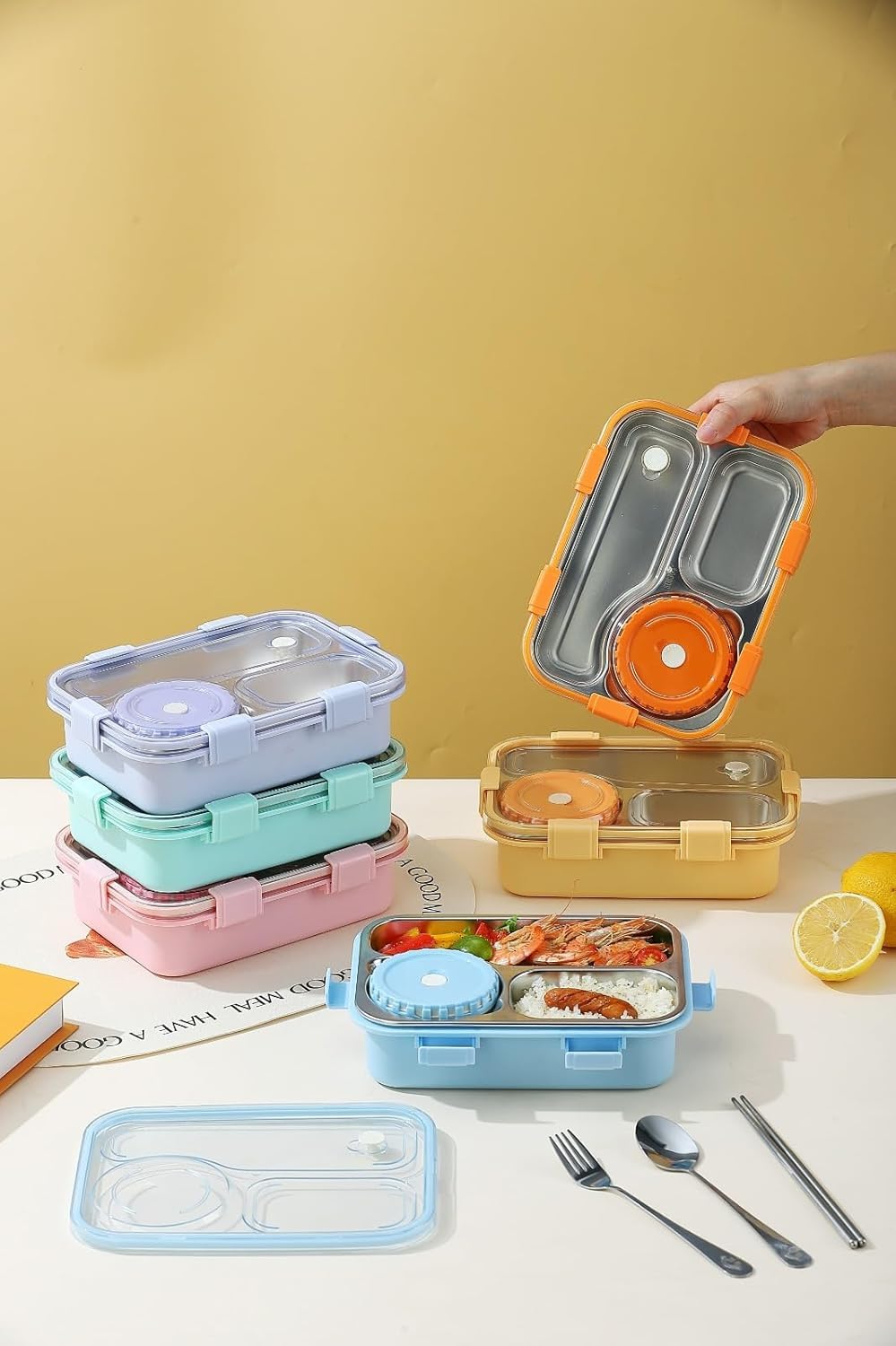 Lunch Box 3 Compartment Leak-Proof BPA Free Stainless Steel, Lunch Box for Kids, Lunch Box for School & Office with a Fork, a Spoon and a Pair of Chopsticks (Pink), 750 ml - Image 3