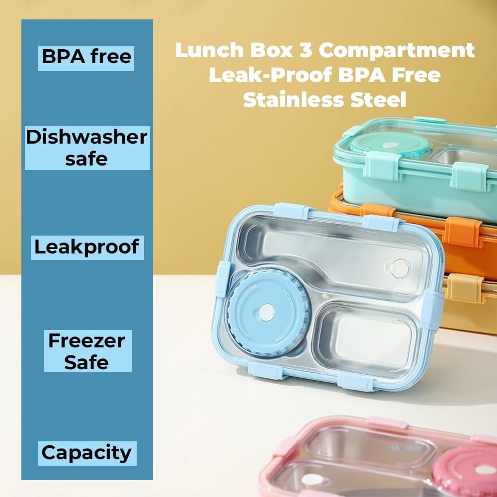 Lunch Box 3 Compartment Leak-Proof BPA Free Stainless Steel, Lunch Box for Kids, Lunch Box for School & Office with a Fork, a Spoon and a Pair of Chopsticks (Pink), 750 ml - Image 4