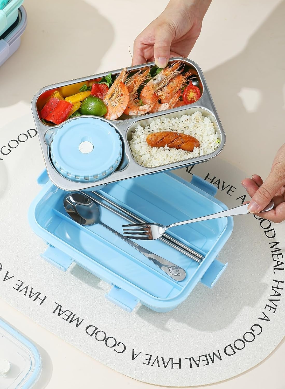 Lunch Box 3 Compartment Leak-Proof BPA Free Stainless Steel, Lunch Box for Kids, Lunch Box for School & Office with a Fork, a Spoon and a Pair of Chopsticks (Pink), 750 ml - Image 5